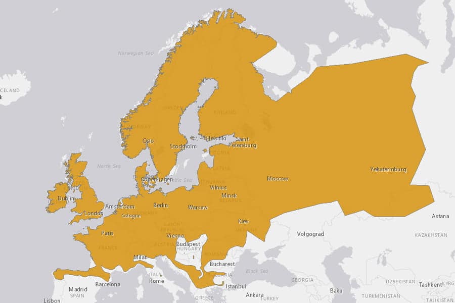 Kaart van Noordoost-Europa met steden gemarkeerd.