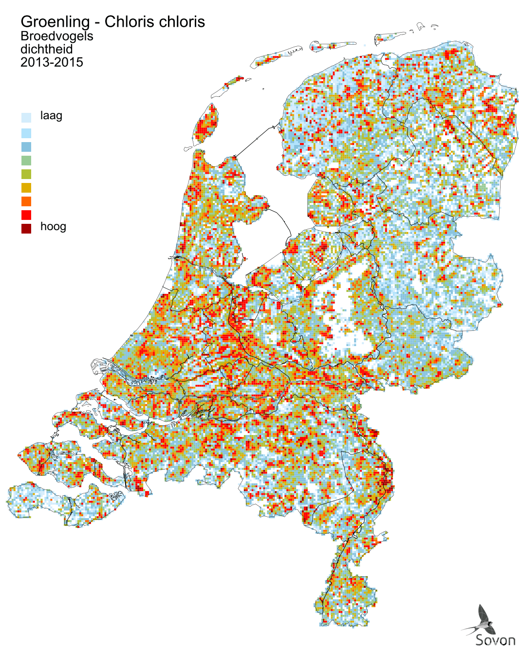 Kaart van groenvogel populatiedichtheid in Nederland
