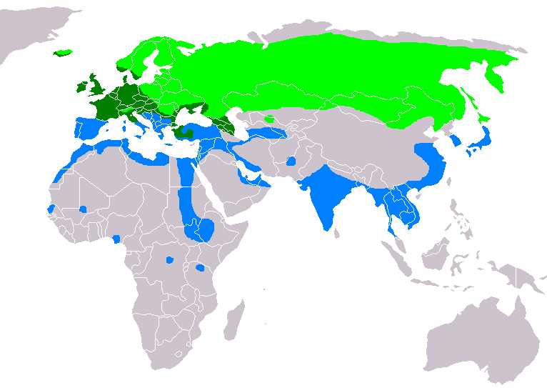 Wereldkaart met landen gemarkeerd in groen en blauw