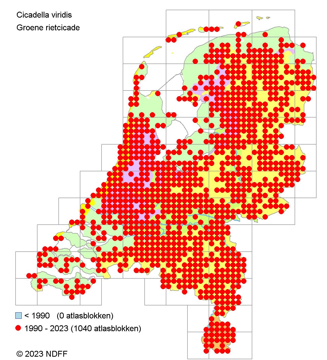 Verspreidingskaart groene rietcicade in Nederland 1990-2023.
