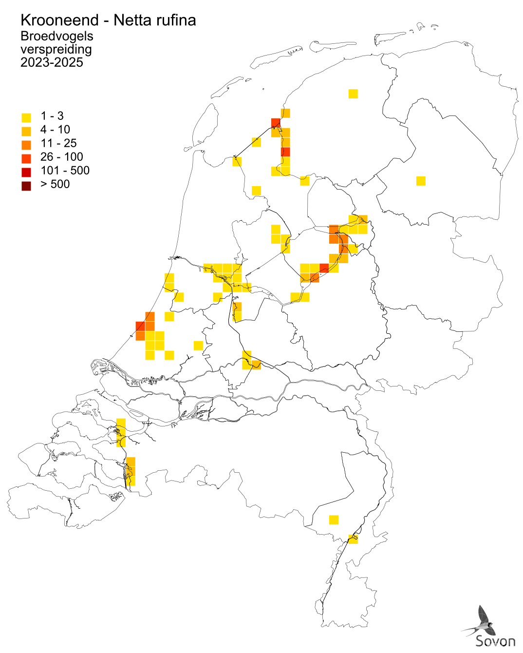 Verspreidingskaart krooneend als broedvogel in Nederland, 2023-2025.