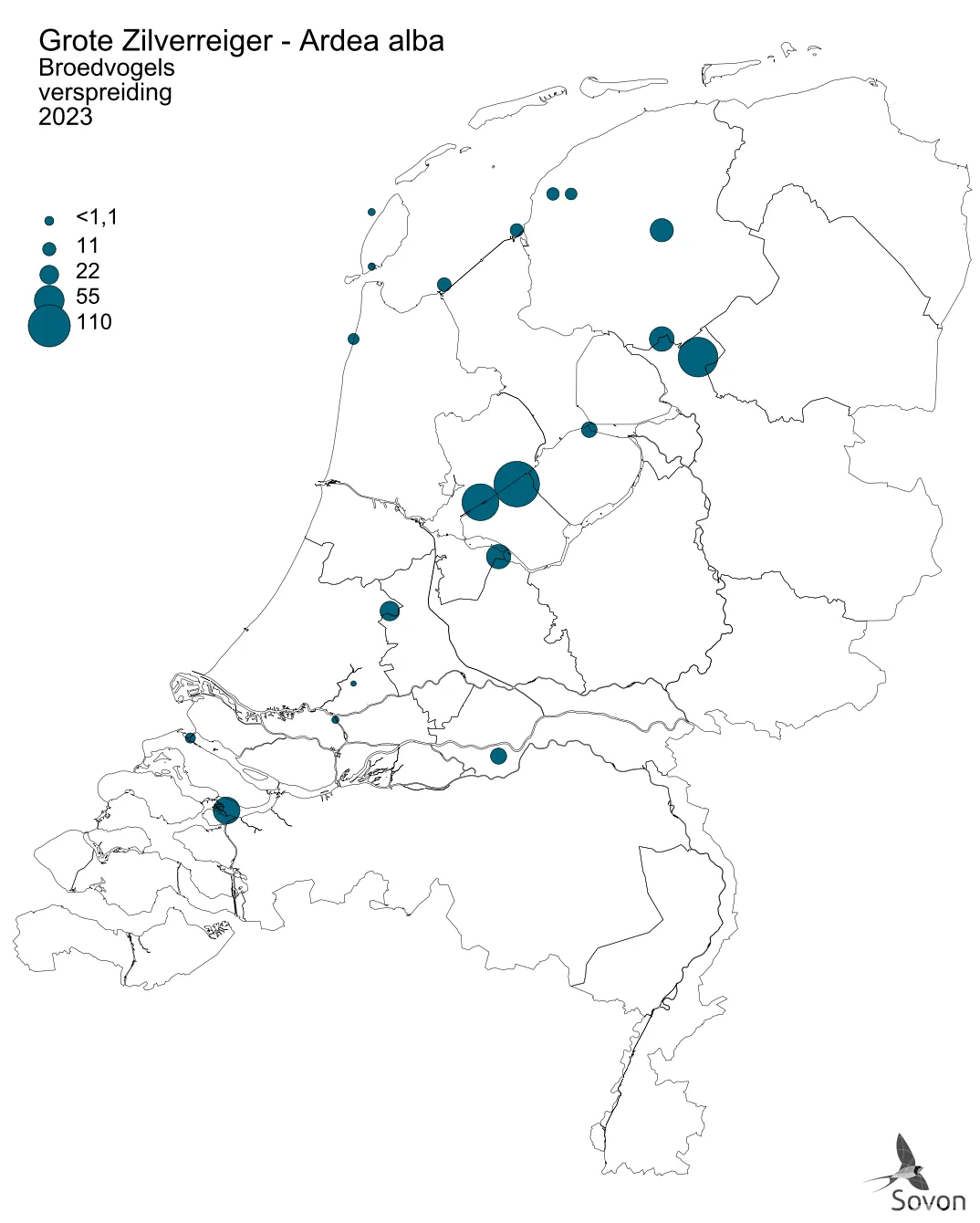 Verspreidingskaart van de Grote Zilverreiger in Nederland.