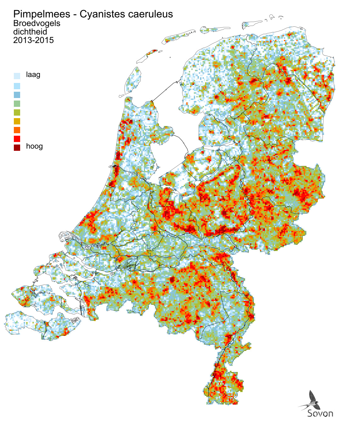 Kaart van pimpelmeesdichtheid in Nederland, 2013-2015