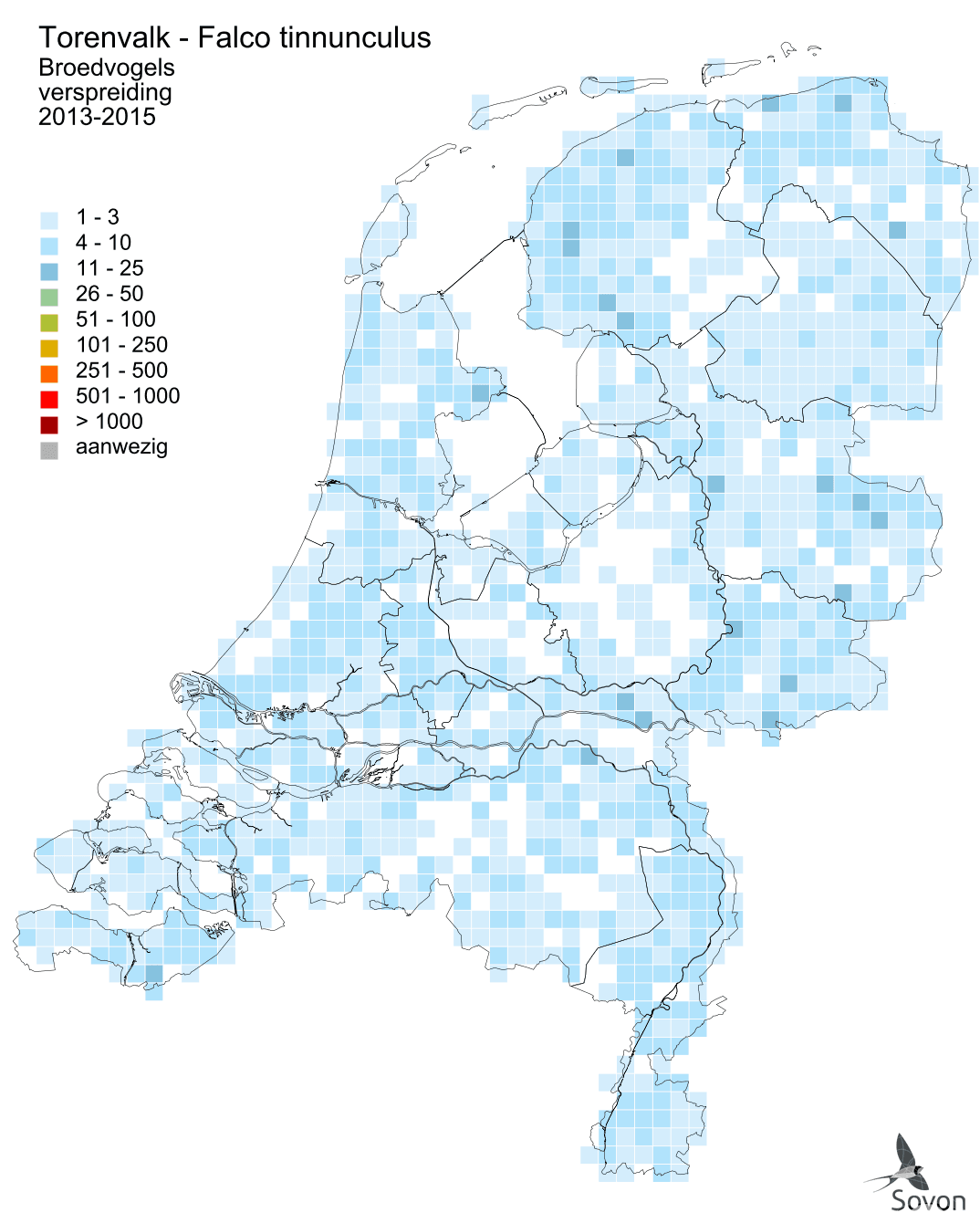 Verspreidingskaart van broedende torenvalken in Nederland, 2013-2015