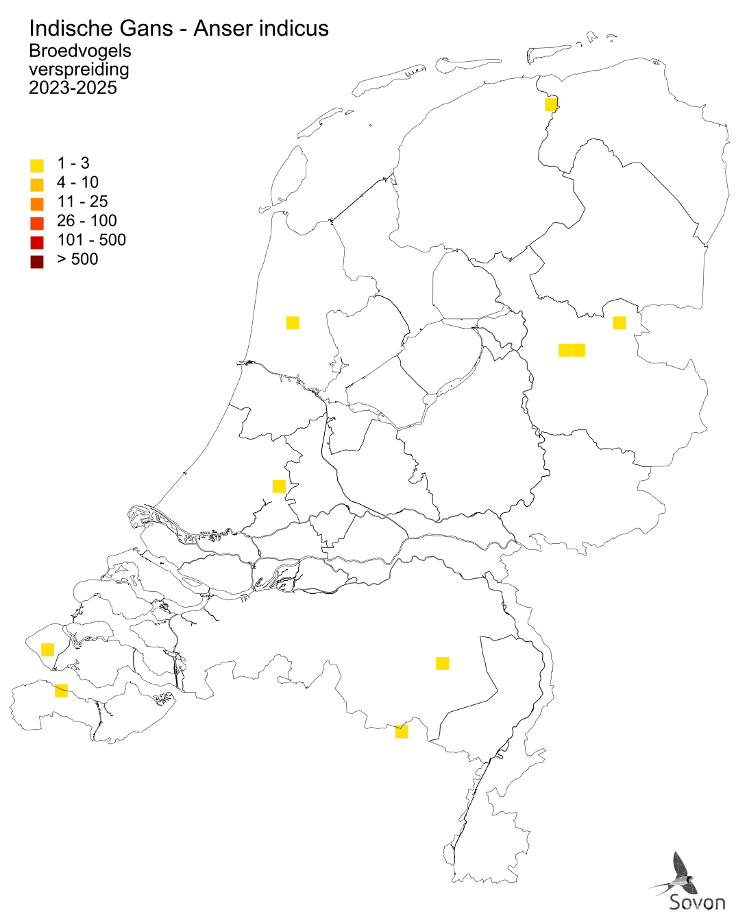 Verspreidingskaart Indische gans als broedvogel in Nederland