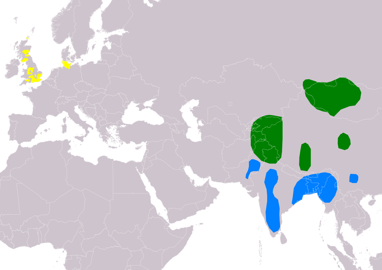 Kaart met gele, groene en blauwe gemarkeerde gebieden