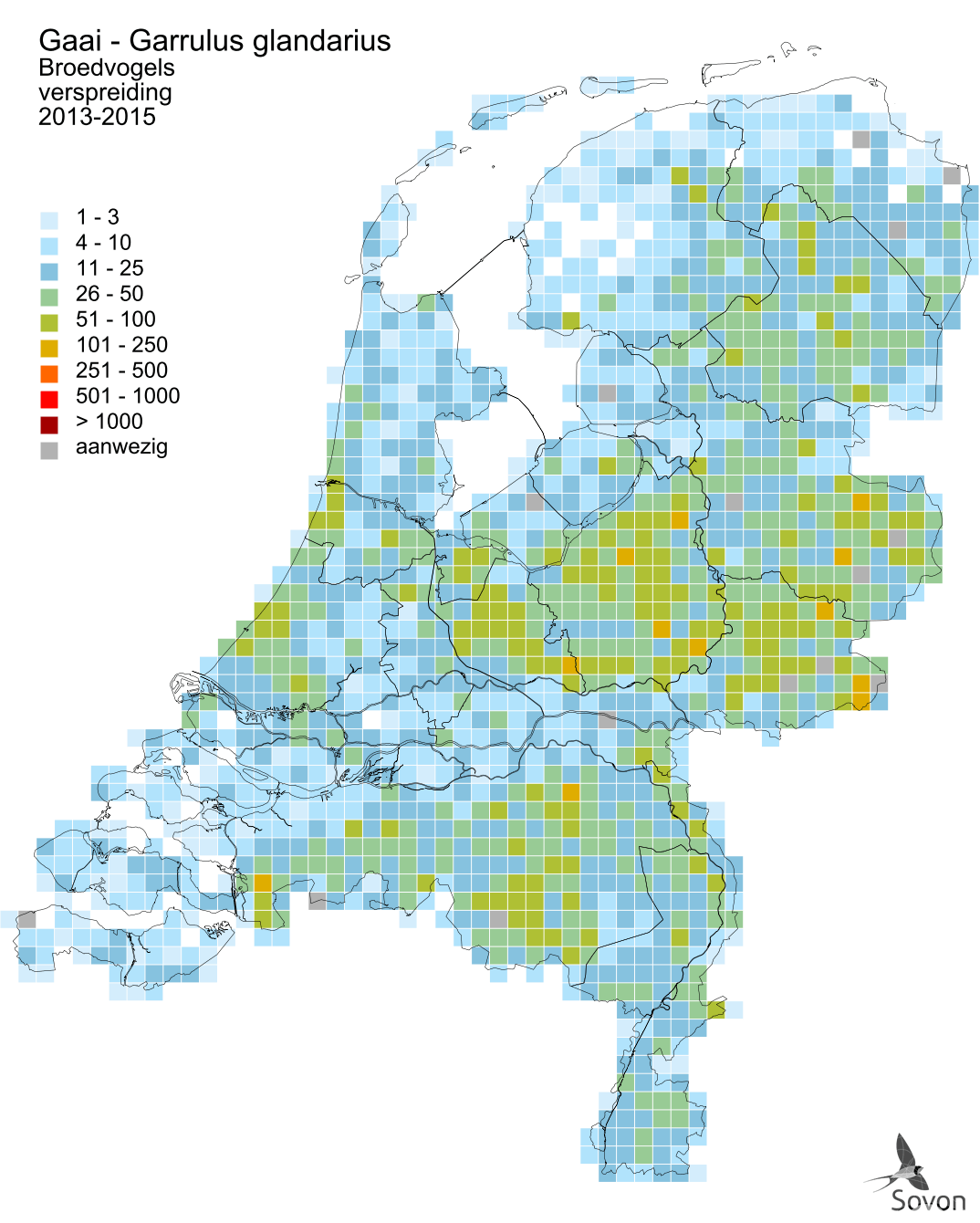 Verspreidingskaart van de gaai in Nederland, 2013-2015