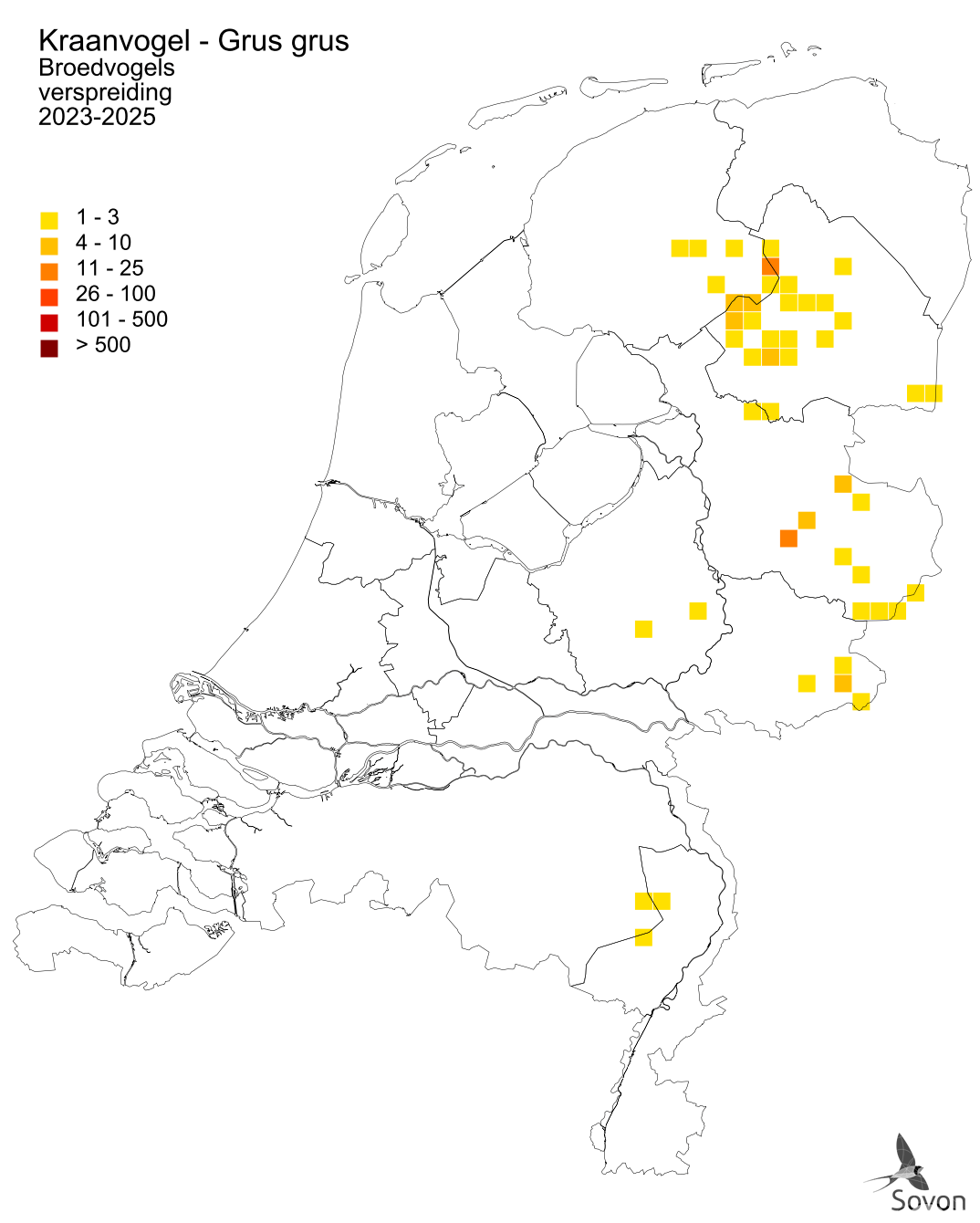 Verspreidingskaart van broedende kraanvogels in Nederland 2023-2025