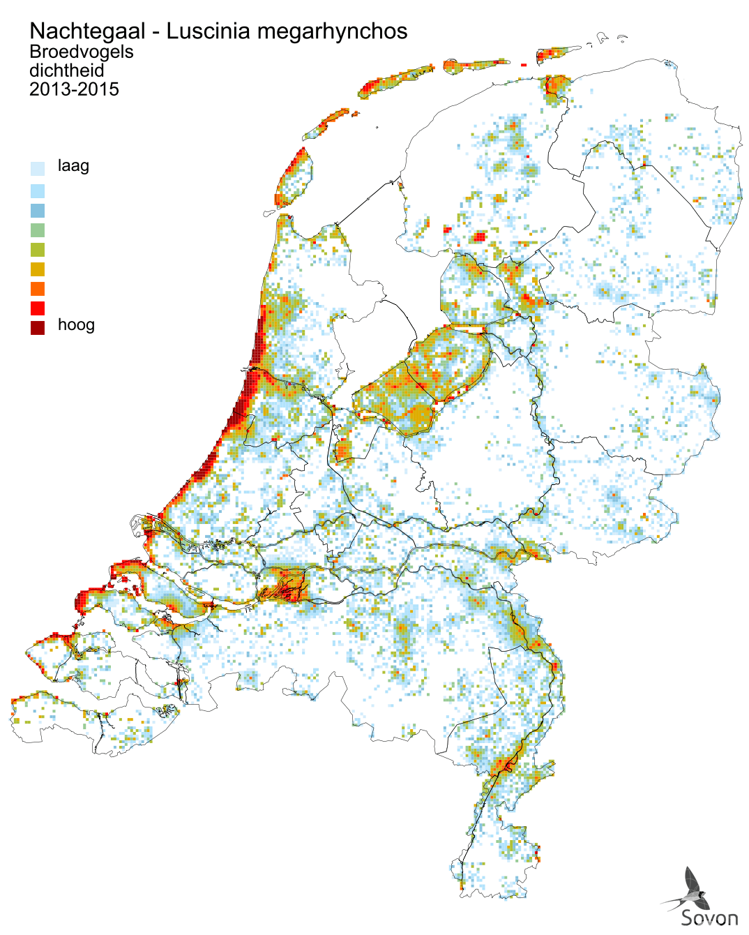 Kaart van broedvogeldichtheid van nachtegalen in Nederland
