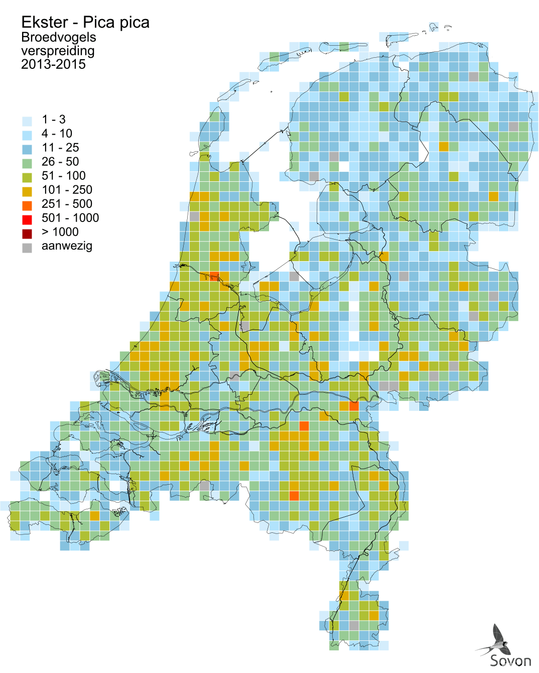 Verspreidingskaart van broedende eksters in Nederland, 2013-2015