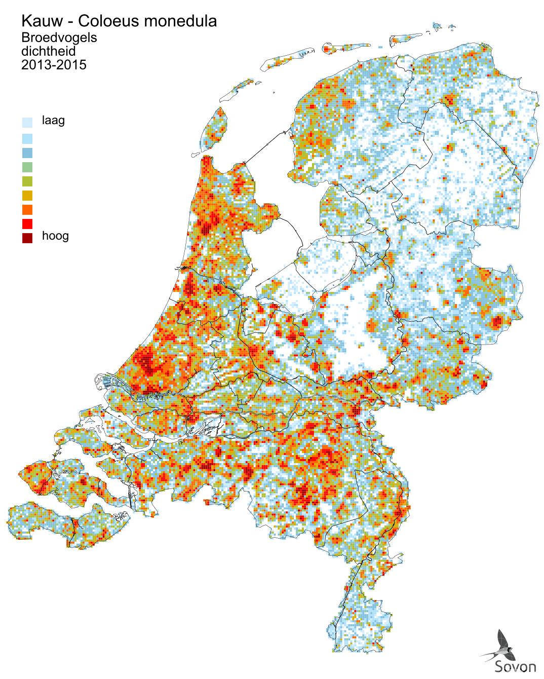 Verspreidingskaart van kauwdichtheid in Nederland, 2013-2015