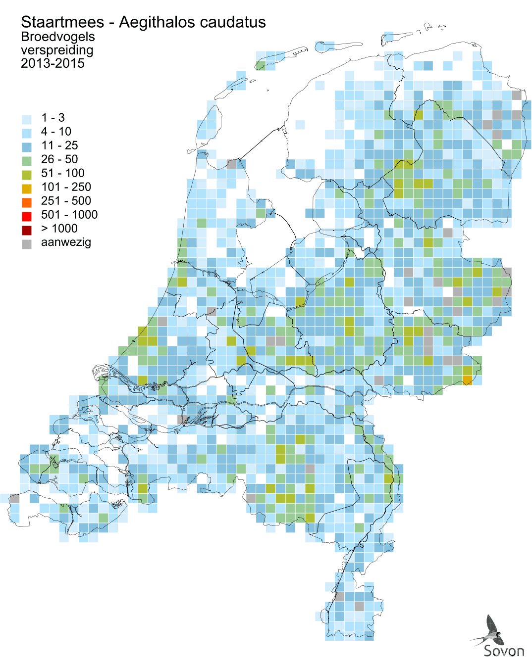 Verspreidingskaart van staartmees in Nederland, 2013-2015