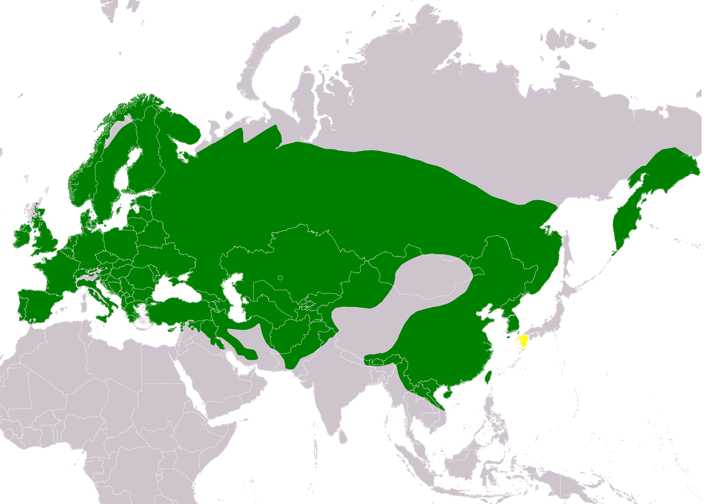 Kaart met groen gemarkeerd verspreidingsgebied in Eurazië