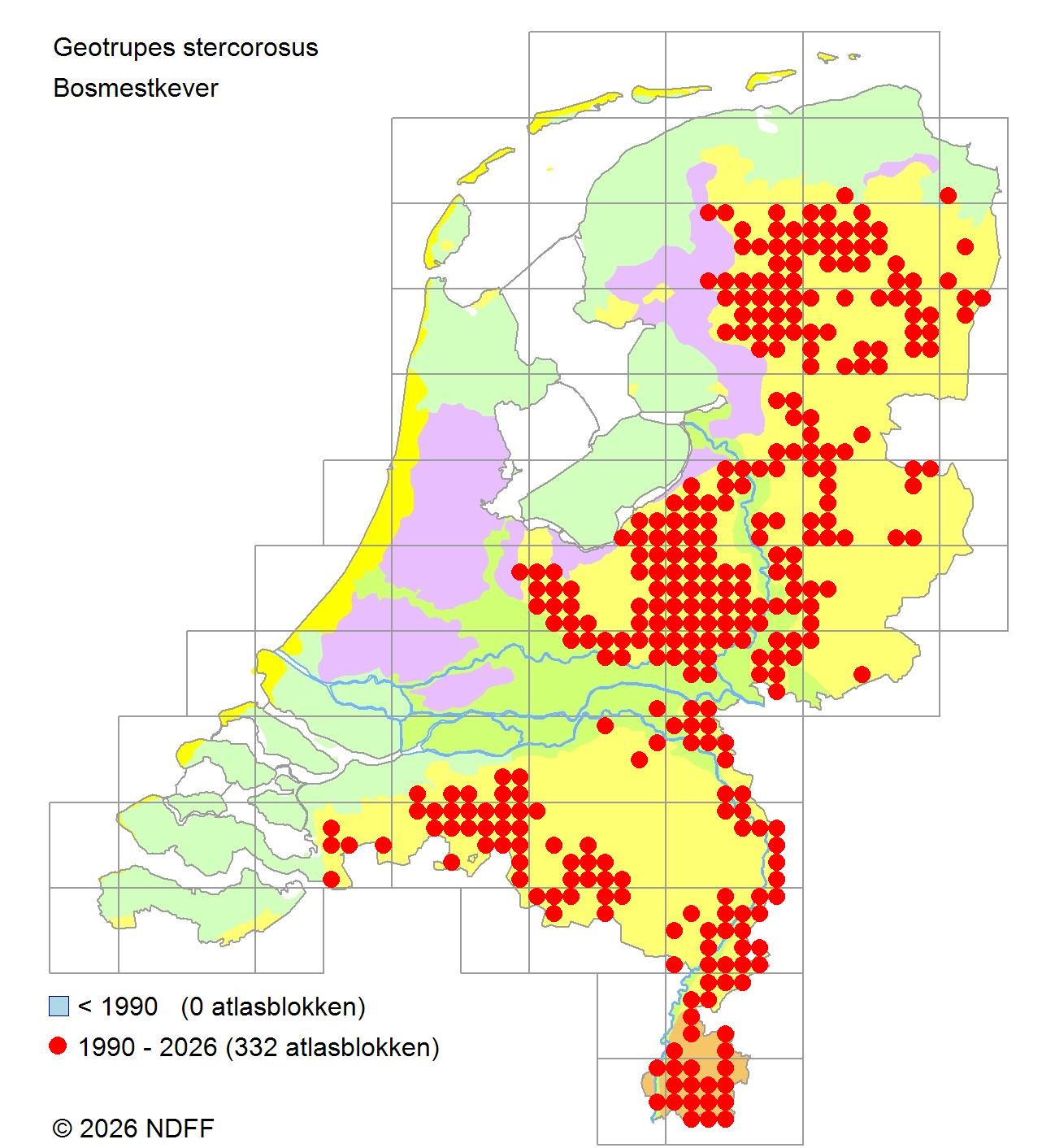 Verspreidingskaart van bosmestkever met rode waarnemingspunten in Nederland